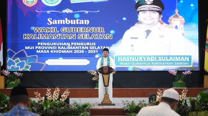 Wakil Gubernur Kalimantan Selatan Hasnuryadi Sulaiman ketika memberi sambutan di acara pengukuhan pengurus MUI Kalsel 2026–2031. Foto-dok. MC Kalsel